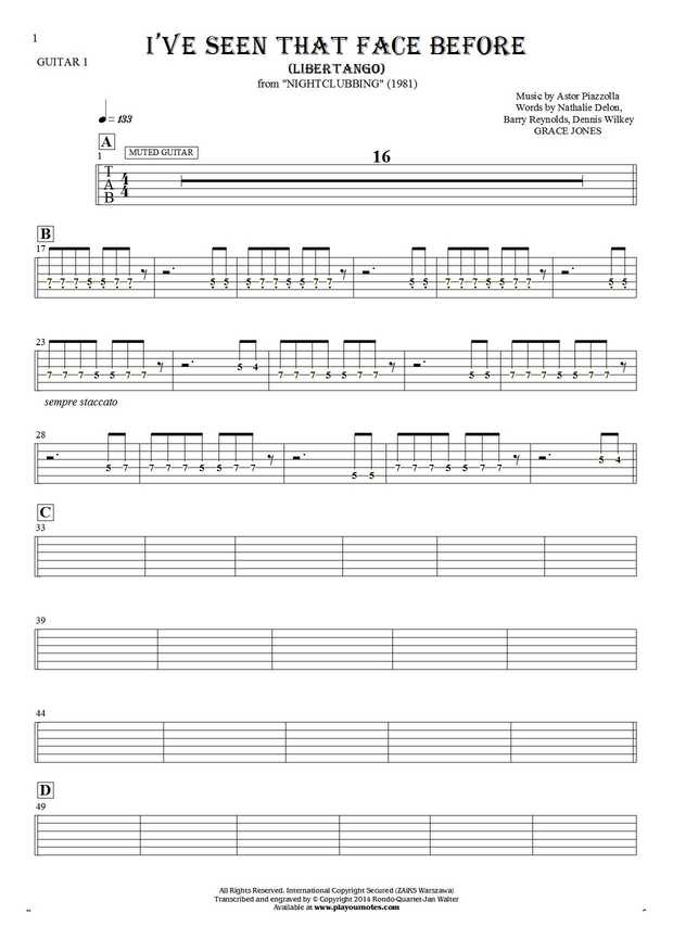 I've Seen That Face Before - Libertango - Tablature (rhythm values) for guitar - guitar 1 part
