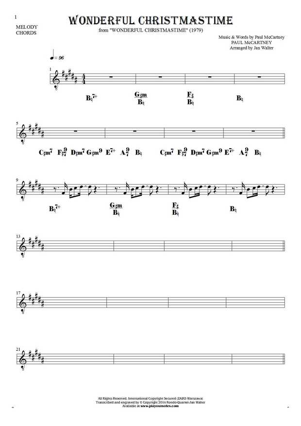 Wonderful Christmastime - Notes and chords for solo voice with accompaniment