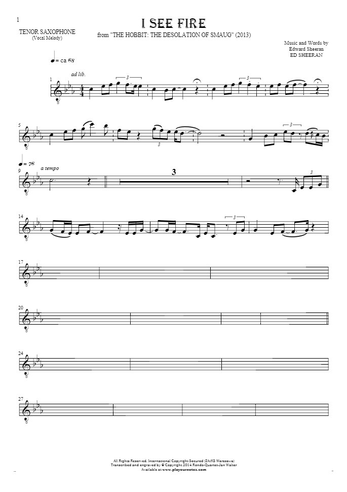 I See Fire Notes For Tenor Saxophone Melody Line Playyournotes