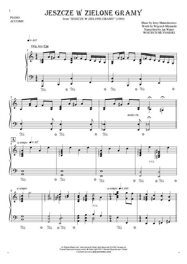 Jeszcze w zielone gramy - Notes (in transposing) for piano - accompaniment