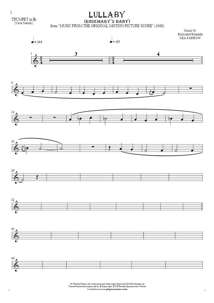 Lullaby - Rosemary's Baby - Noten für Trompete - Melodielinie