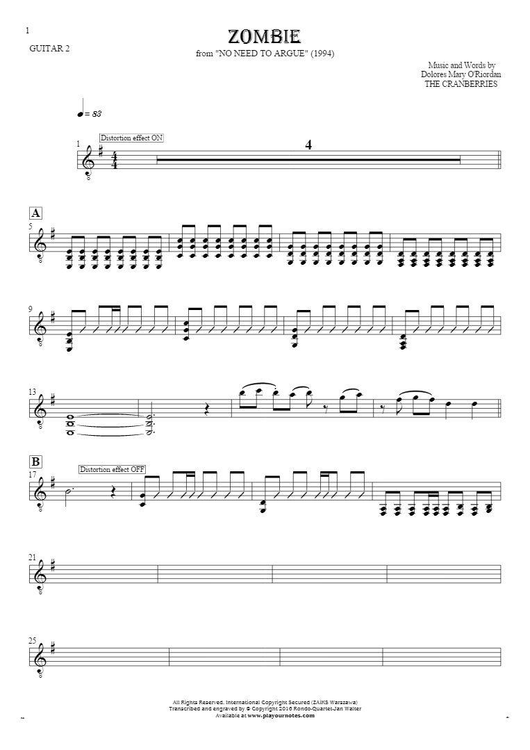 Zombie - Notes for guitar - guitar 2 part