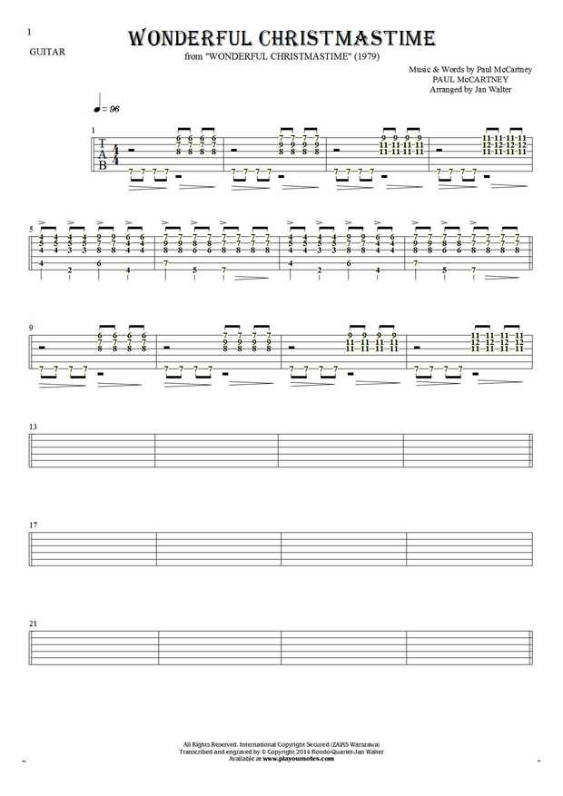 Wonderful Christmastime - Tablature (rhythm values) for guitar - accompaniment