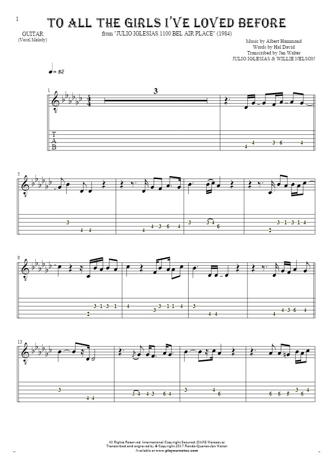 To All The Girls I’ve Loved Before - Notes and tablature for guitar - melody line