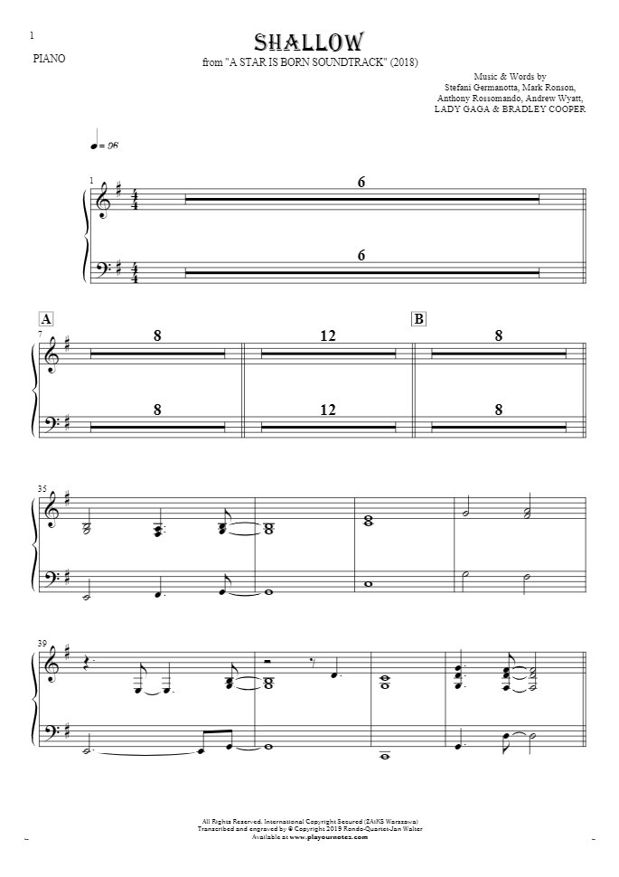 Shallow - Notes for piano