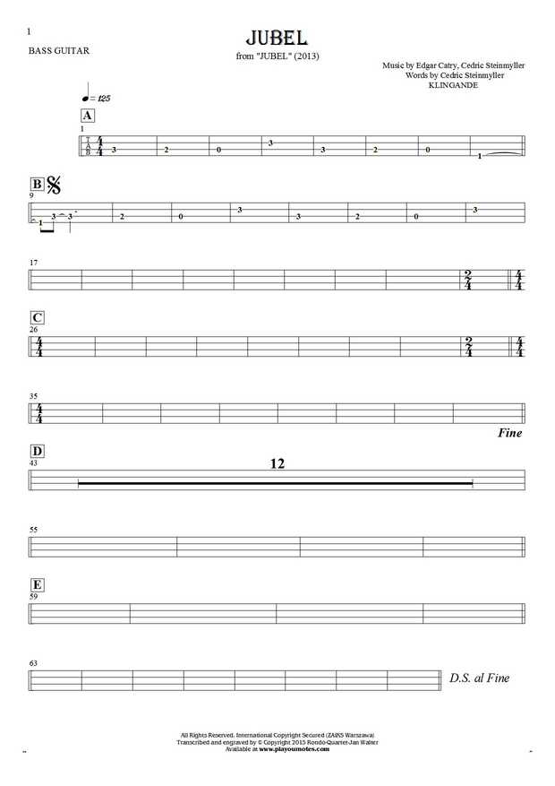 Jubel - Tablature (rhythm values) for bass guitar