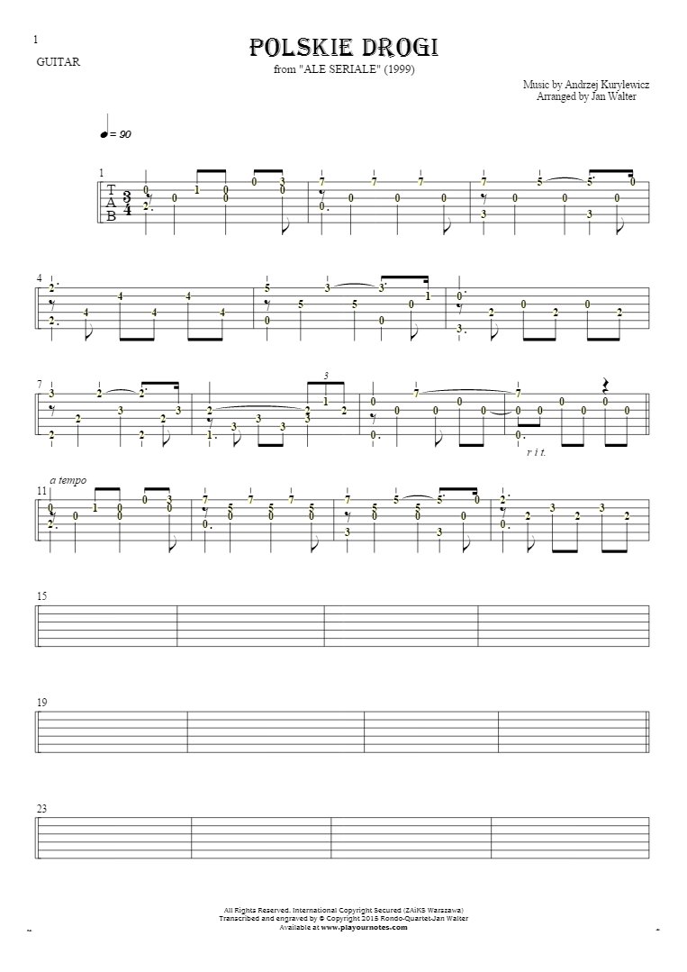 Polskie drogi - Tablature (rhythm values) for guitar solo (fingerstyle)