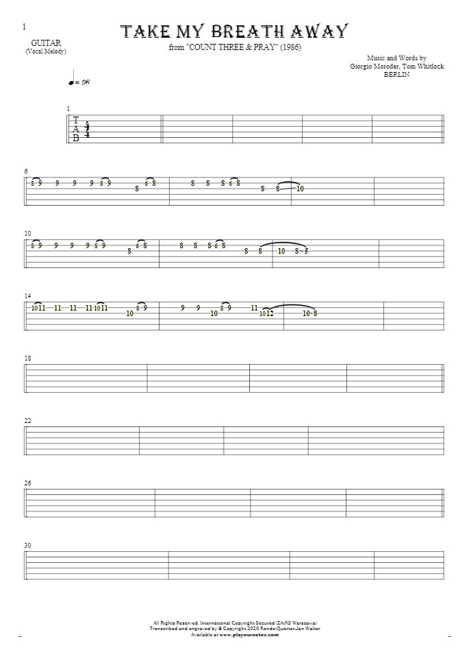 Take My Breath Away - Tablature for guitar - melody line
