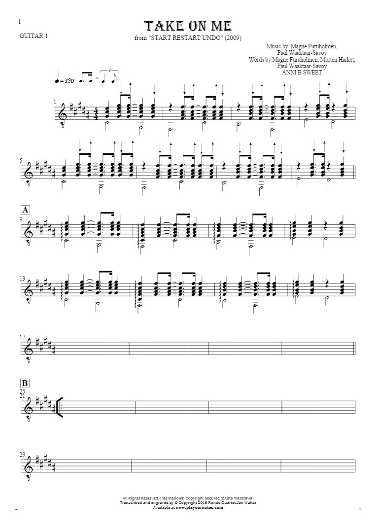 Take On Me - Notes for guitar - guitar 1 part
