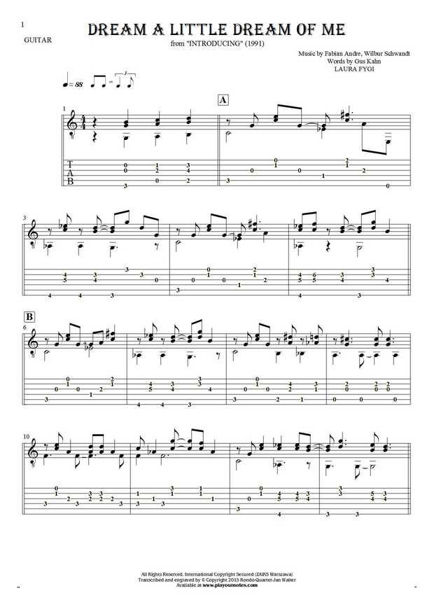Dream a Little Dream of Me - Notes and tablature for guitar