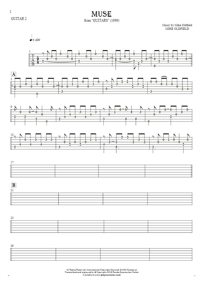 Muse - Tablature (rhythm. values) for guitar - guitar 2 part