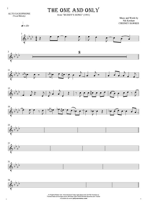 The One And Only - Notes for alto saxophone - melody line