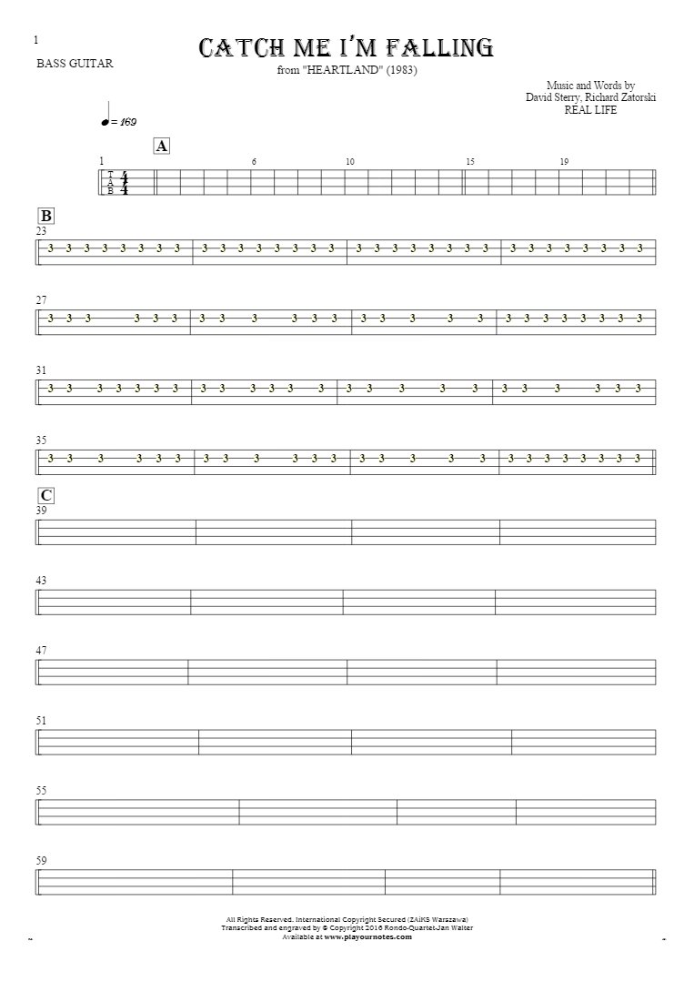 Catch Me I’m Falling - Tablature for bass guitar