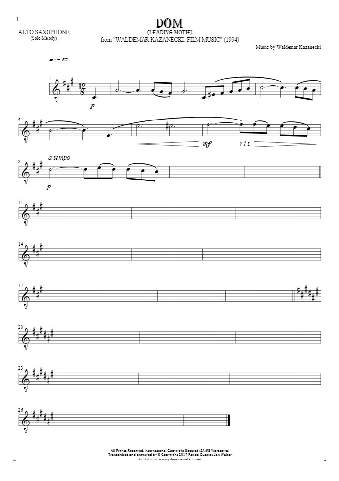 Das Haus - Führende Motiv - Noten für Alt Saxophon - Melodielinie