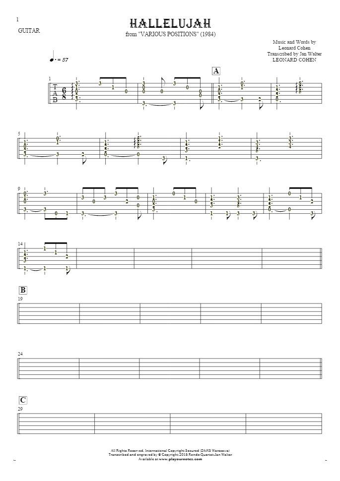 Hallelujah - Tablature (rhythm values) for guitar - accompaniment