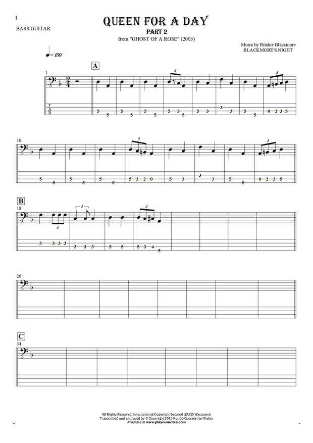 Queen For A Day (part 2) - Notes and tablature for bass guitar