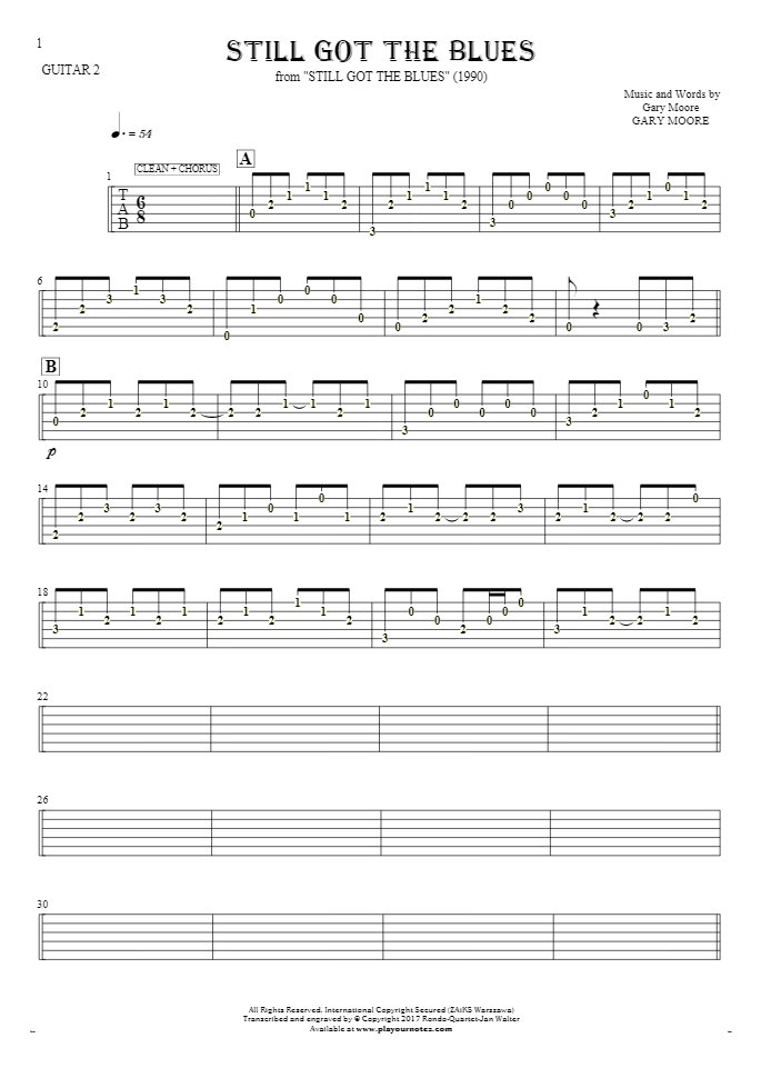 Still Got The Blues - Tablature (rhythm. values) for guitar - guitar 2 part