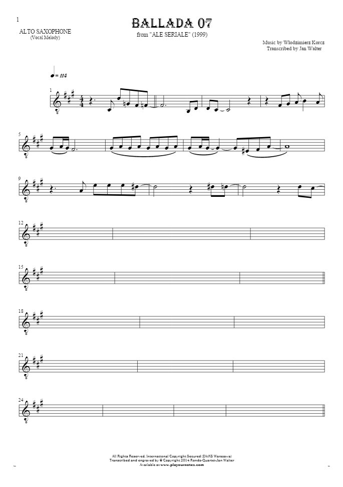 Ballada 07 - Notes for alto saxophone - melody line