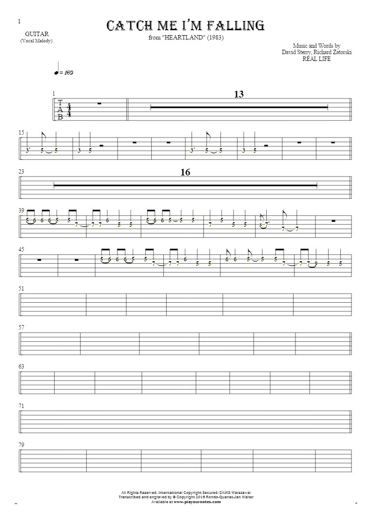Catch Me I’m Falling - Tablature (rhythm. values) for guitar - melody line