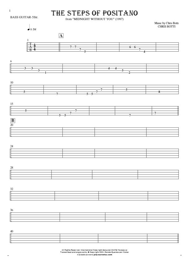The Steps of Positano - Tabulatura na gitarę basową (5-str.)