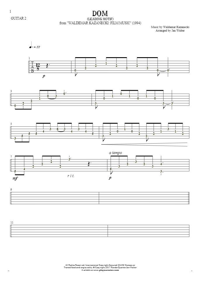 Das Haus - Führende Motiv - Tabulatur (Rhythm. Werte) für Gitarre - Gitarrestimme 2
