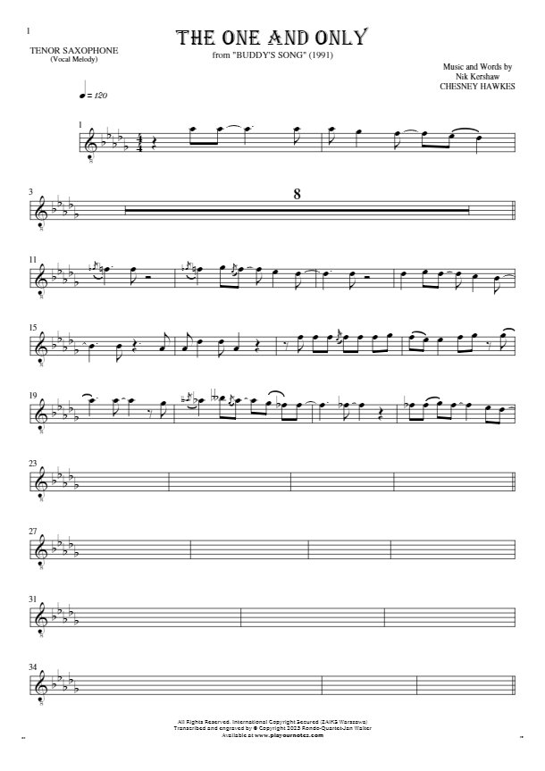 The One And Only - Notes for tenor saxophone - melody line