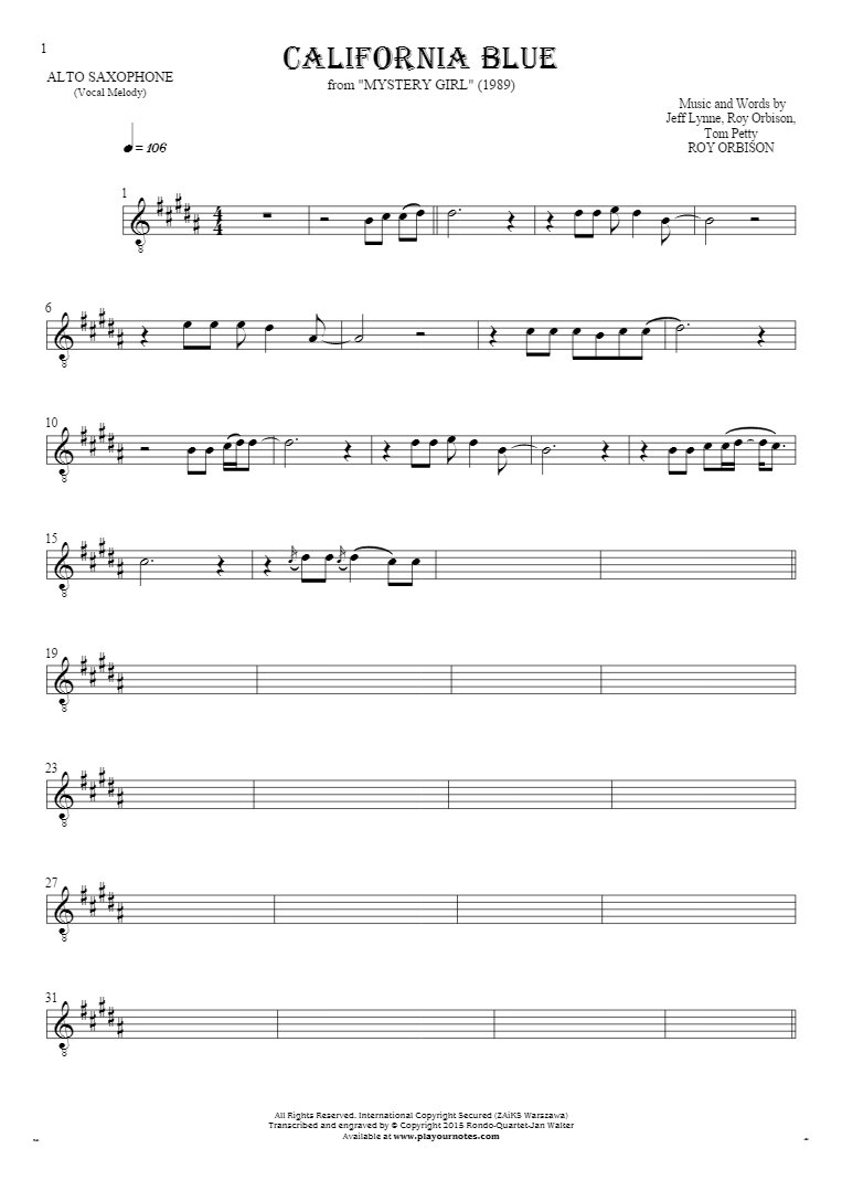 California Blue - Notes for alto saxophone - melody line