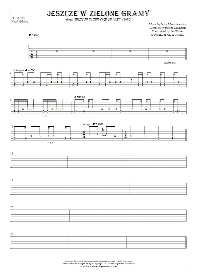Jeszcze w zielone gramy - Tablature (rhythm. values) for guitar - melody line