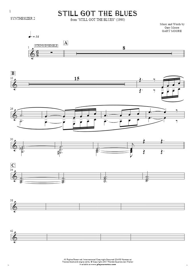 Still Got The Blues - Notes for synthesizer - String Ensemble