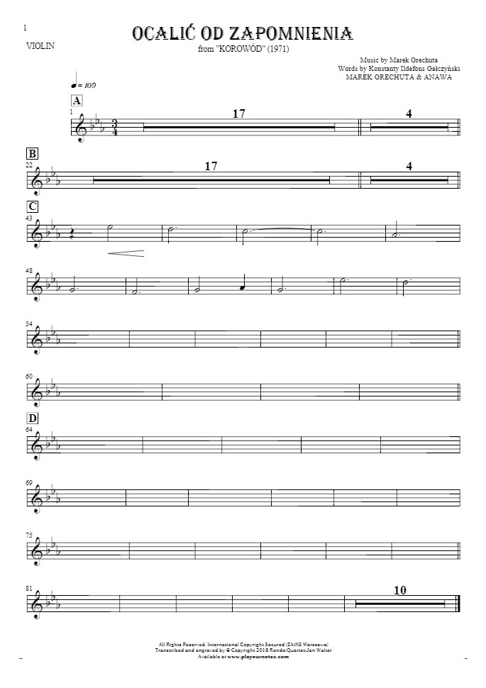 To Save from Oblivion - Notes for violin