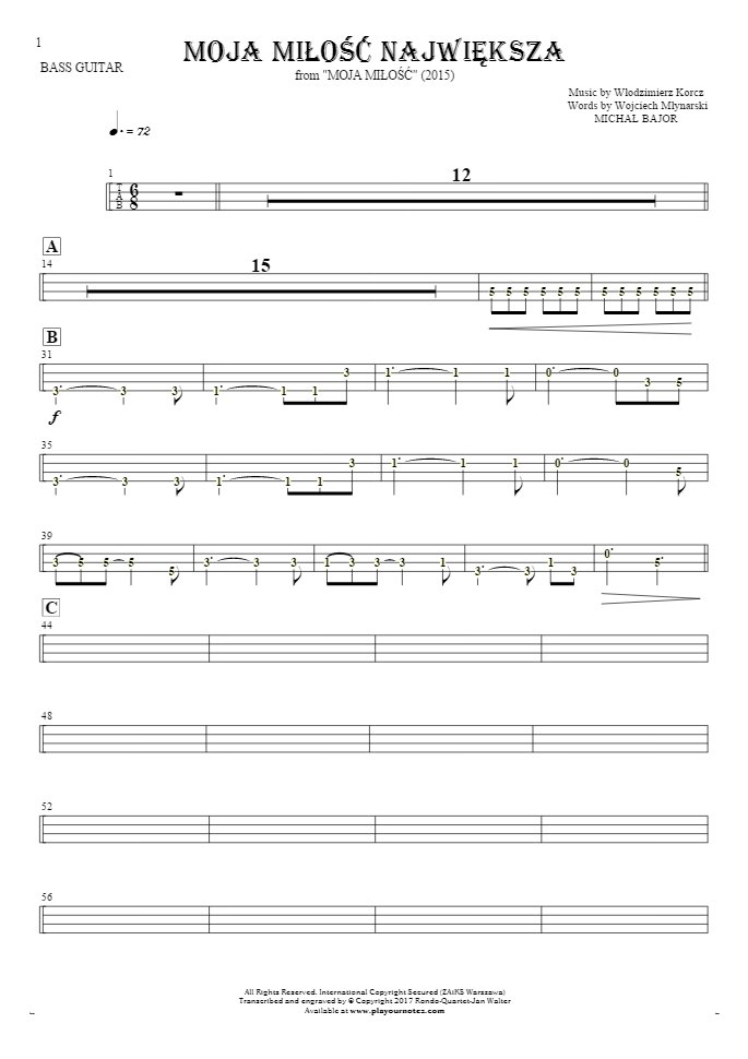 Moja miłość największa - Tablature (rhythm. values) for bass guitar