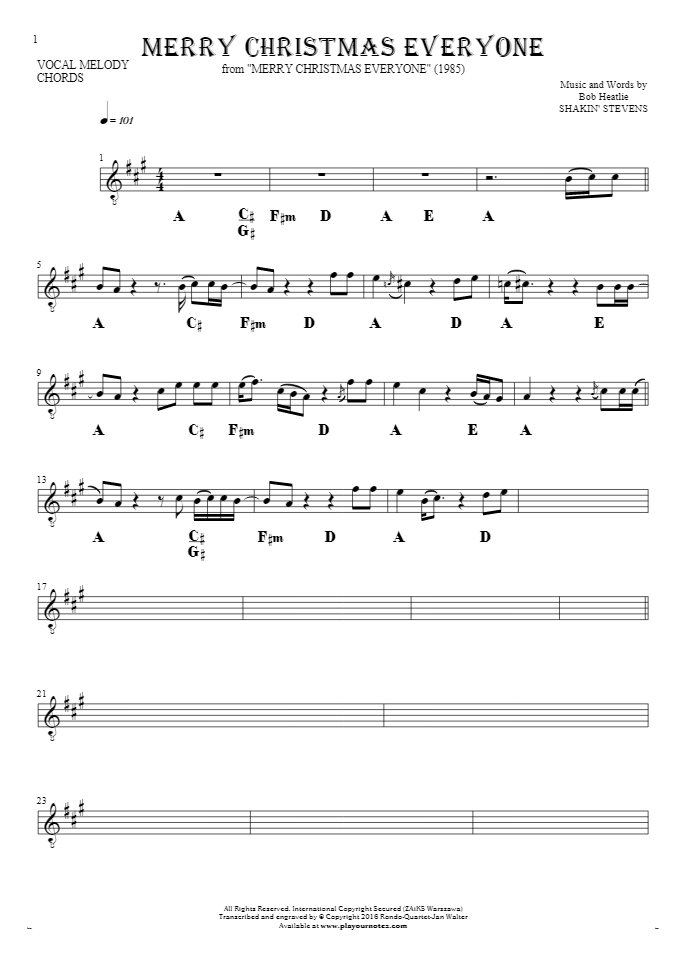 Merry Christmas Everyone - Notes and chords for solo voice with accompaniment