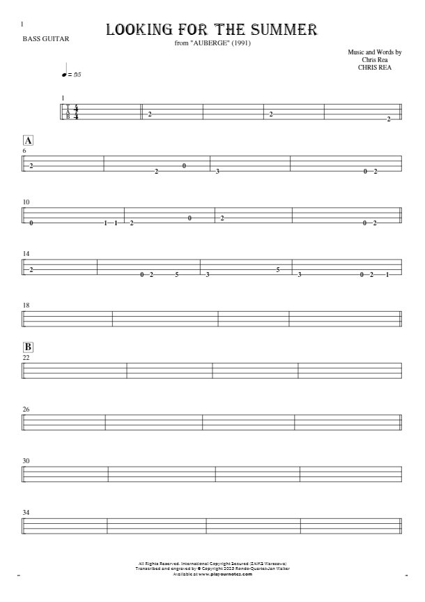 Looking For The Summer - Tablature for bass guitar