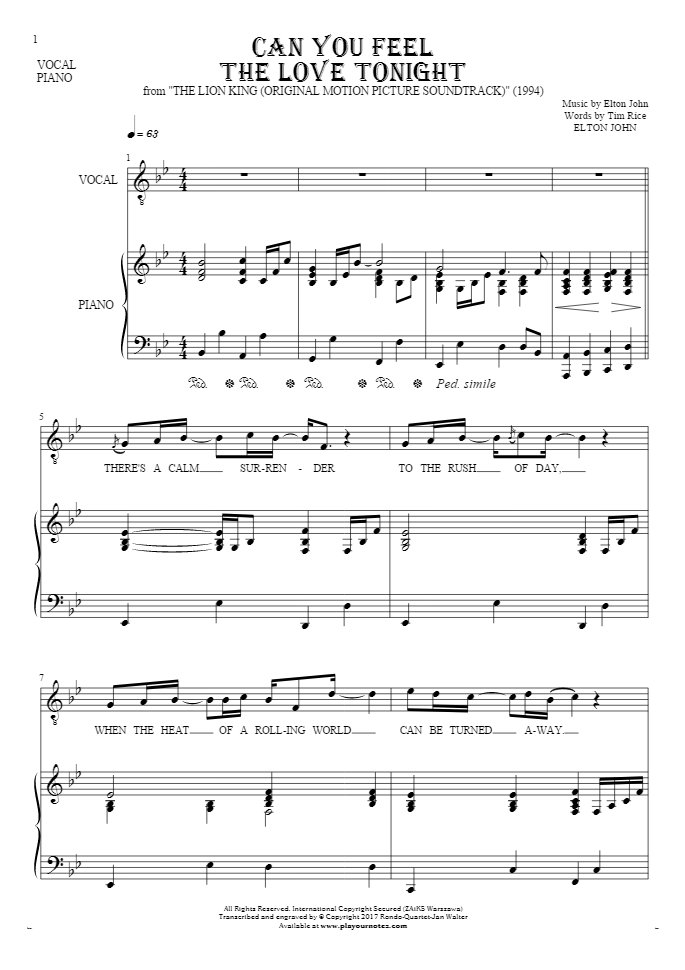 Can You Feel the Love Tonight - Notes and lyrics for vocal and piano