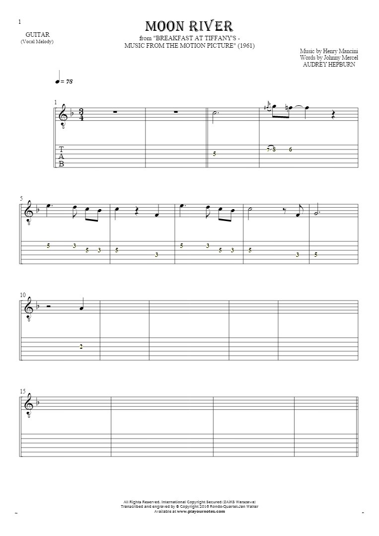 Moon River - Noten und Tabulatur für Gitarre - Melodielinie