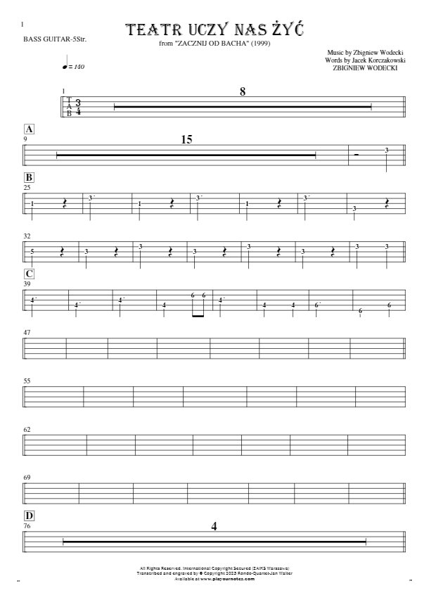 Teatr uczy nas żyć - Tablature (rhythm. values) for bass guitar (5-str.)