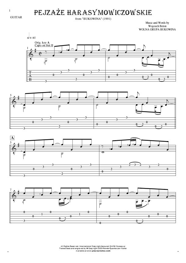 Pejzaże harasymowiczowskie - Nuty (w transpozycji) i tabulatura na gitarę