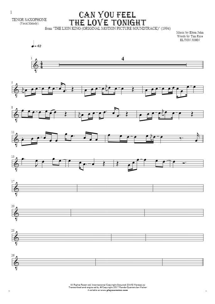 Can You Feel the Love Tonight - Notes for tenor saxophone - melody line