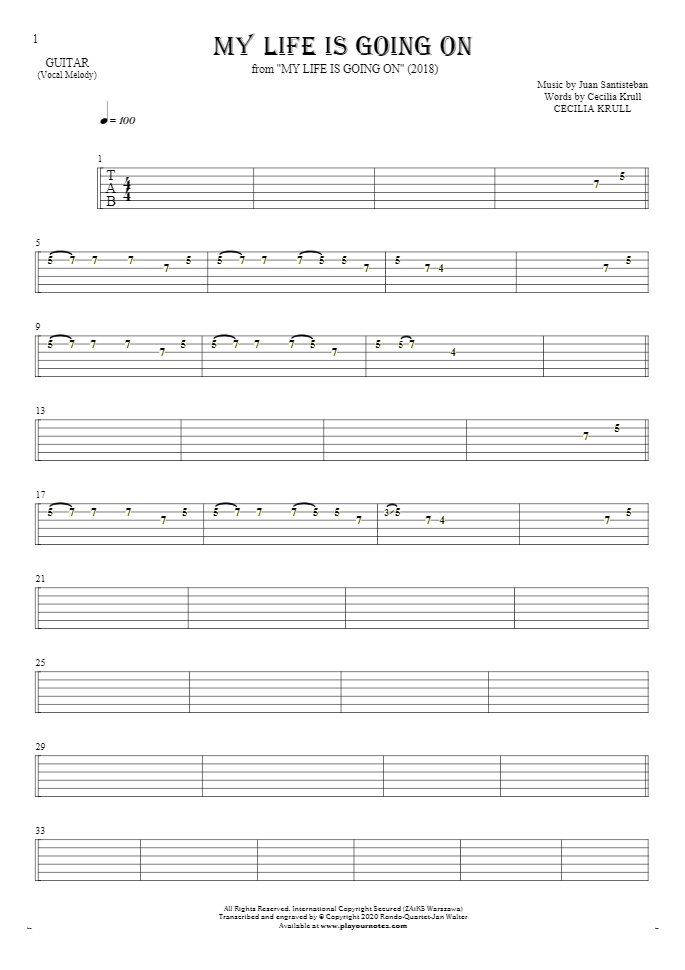 My Life Is Going On - Tablature for guitar - melody line