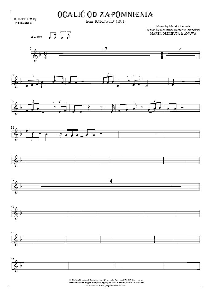 To Save from Oblivion - Notes for trumpet - melody line