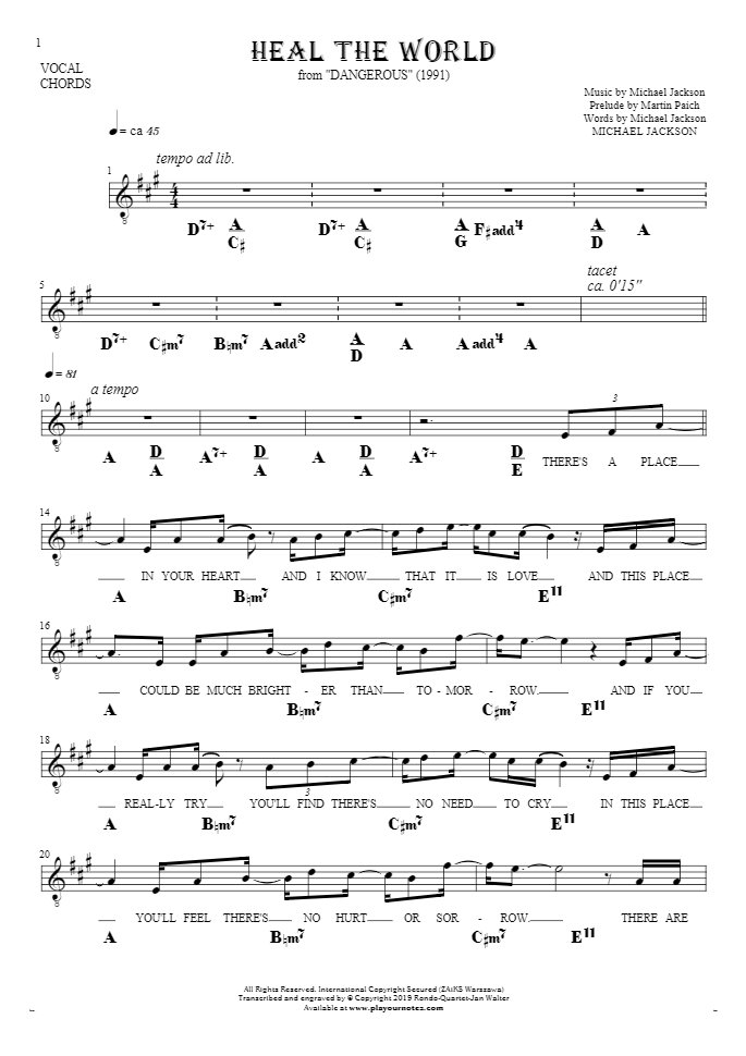Heal The World - Notes, lyrics and chords for vocal with accompaniment