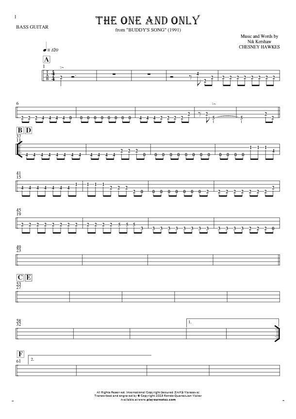 The One And Only - Tabulatur (Rhythm. Werte) für Bassgitarre