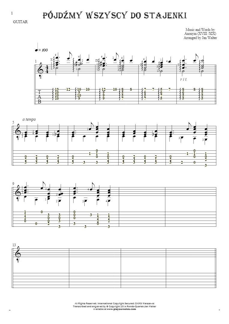 Pójdźmy wszyscy do stajenki - Notes and tablature for guitar solo (fingerstyle)