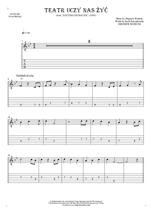 Teatr uczy nas żyć - Notes and tablature for guitar - melody line