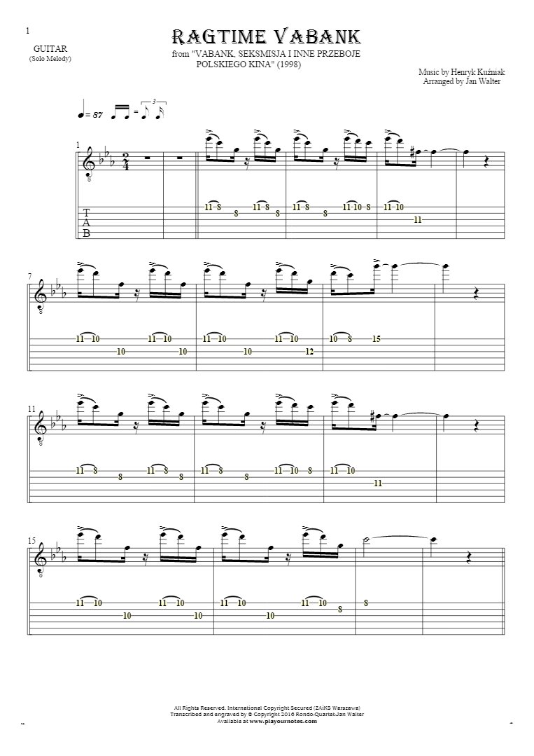 Ragtime Vabank - Notes and tablature for guitar - melody line