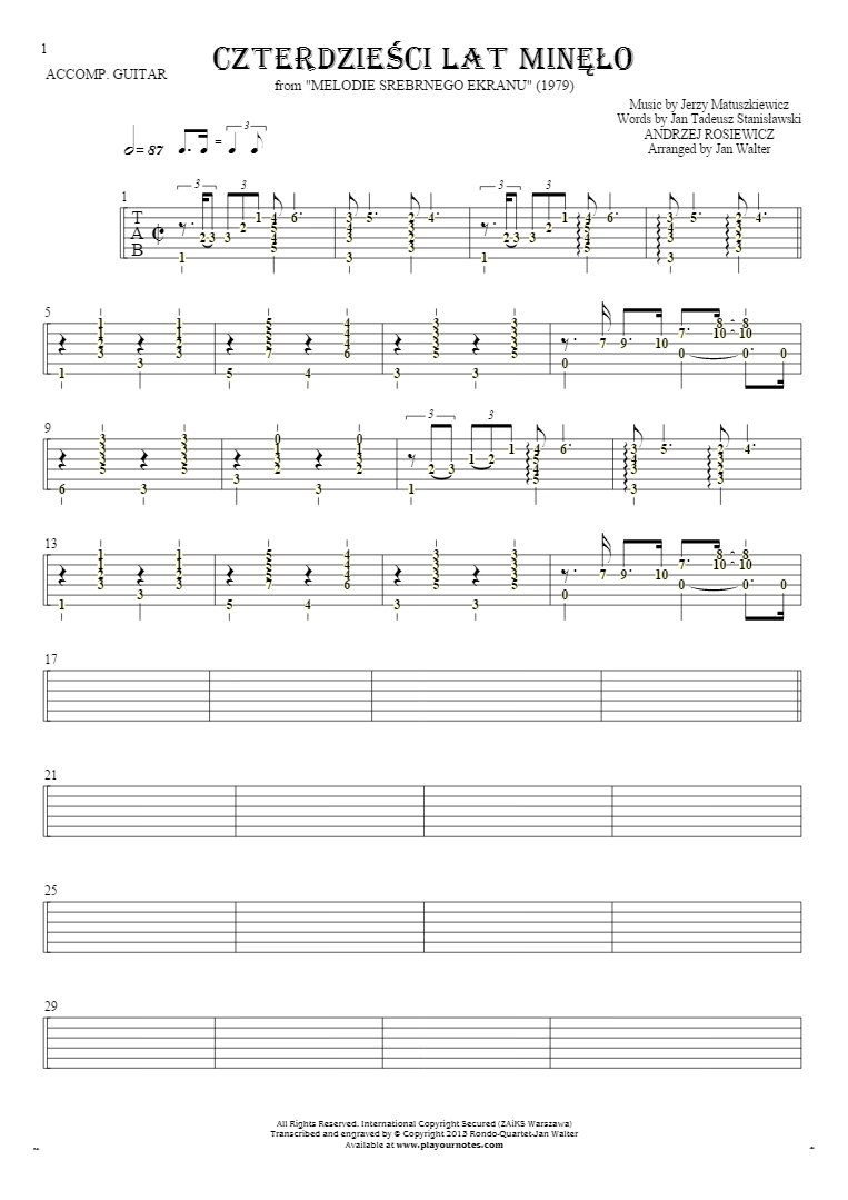 Czterdzieści Lat Minęło - Tablature (rhythm values) for guitar - accompaniment