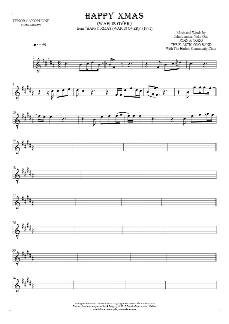 Happy Xmas (War Is Over) - Notes for tenor saxophone - melody line