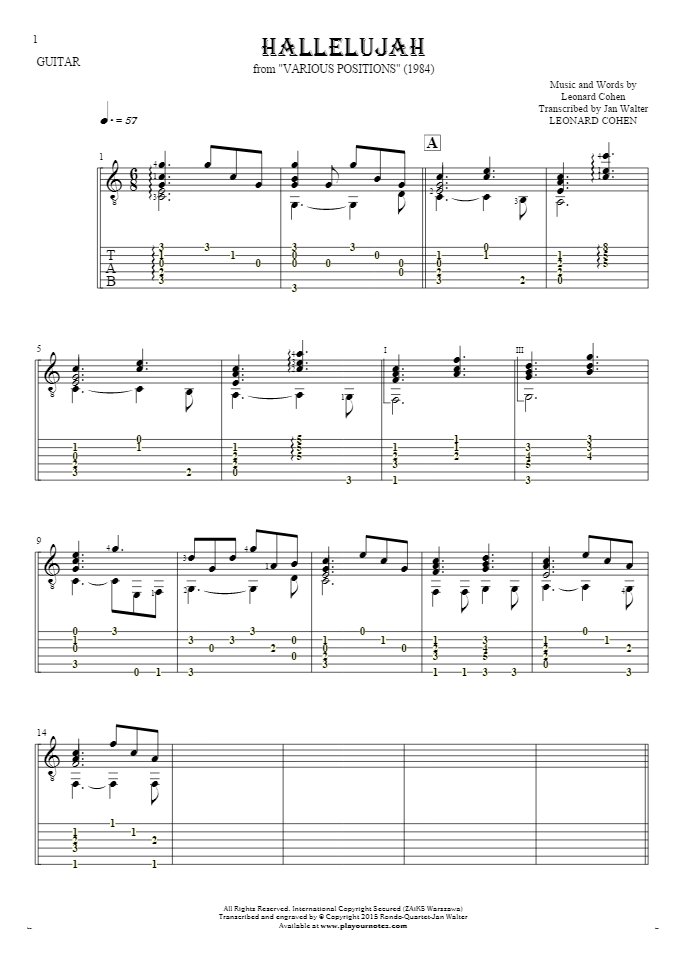 Hallelujah - Notes and tablature for guitar - accompaniment
