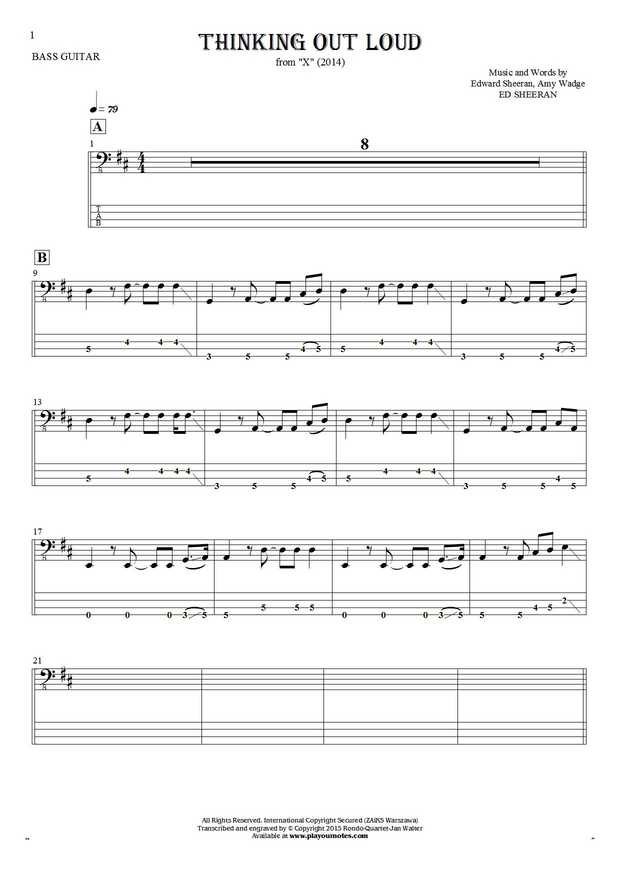 Thinking Out Loud - Notes and tablature for bass guitar