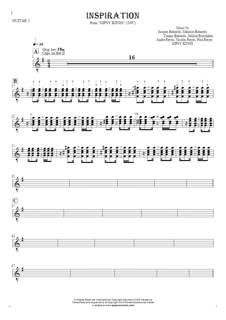 Inspiration - Notes (in transposing) for guitar - guitar 2 part